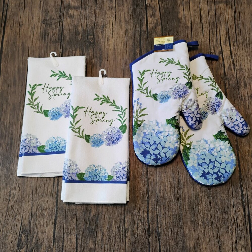 Happy Spring Hydrangea Kitchen Set, 2 Towels & 2 Oven Mitts, Cottagecore Floral